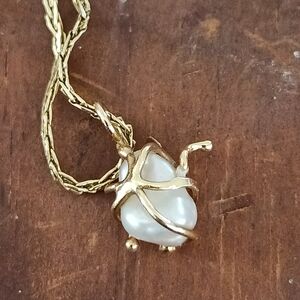 10K Gold 20" and White Pearl Brutalist Pendant Necklace Added Magnetic Clasp